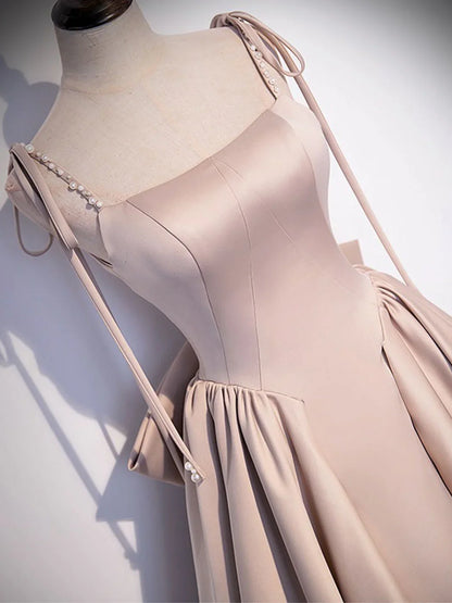 Spaghetti Straps Floor Length Champagne A-Line Satin Long Prom Dresses
