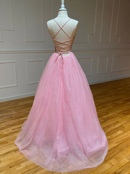 Pink A-line v neck tulle long prom dress
