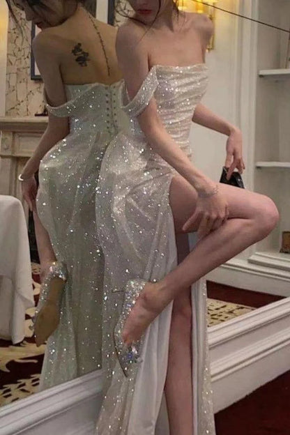 Shimmering Mermaid Off‑The‑Shoulder Short‑Sleeve High‑Slit Floor‑Length Prom Dress For Evening