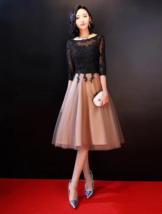 A-Line Celebrity Style Wedding Guest Cocktail Party Dress Boat Neck Backless Half Sleeve Knee Length Lace