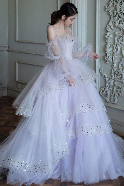 Elegant A Line Off the Shoulder Light Purple Long Prom Dress with Sequins