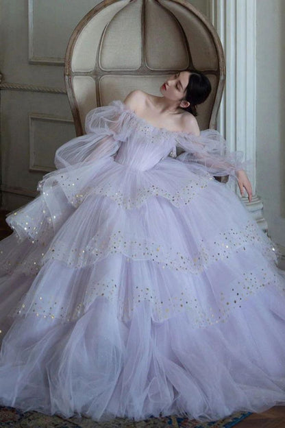 Elegant A Line Off the Shoulder Light Purple Long Prom Dress with Sequins