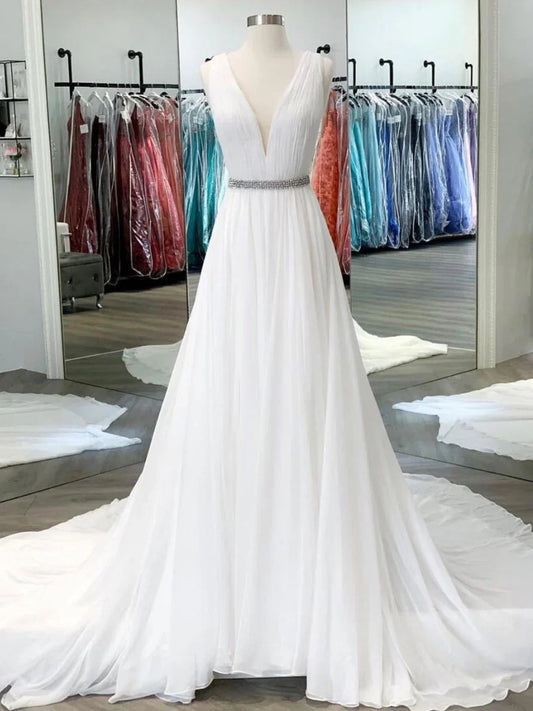 White V Neck Chiffon Long Prom Dress