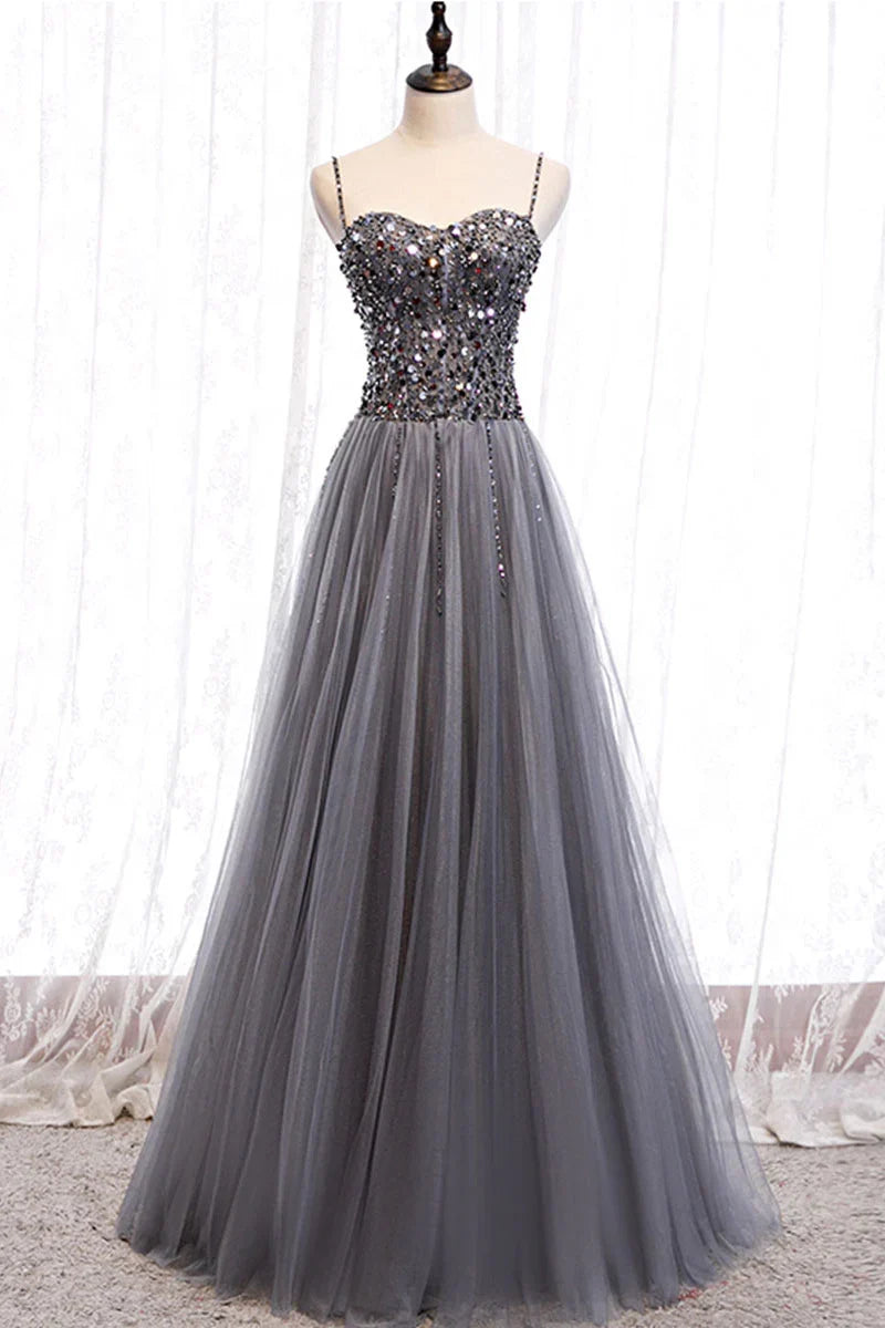 Gray tulle sweetheart neck sequin long Evening Dresses