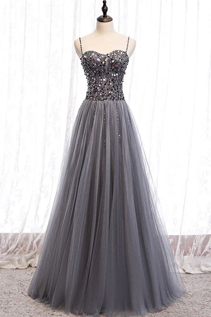 Gray tulle sweetheart neck sequin long Evening Dresses