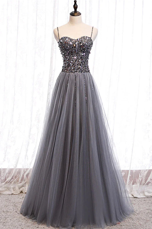 Gray tulle sweetheart neck sequin long Evening Dresses