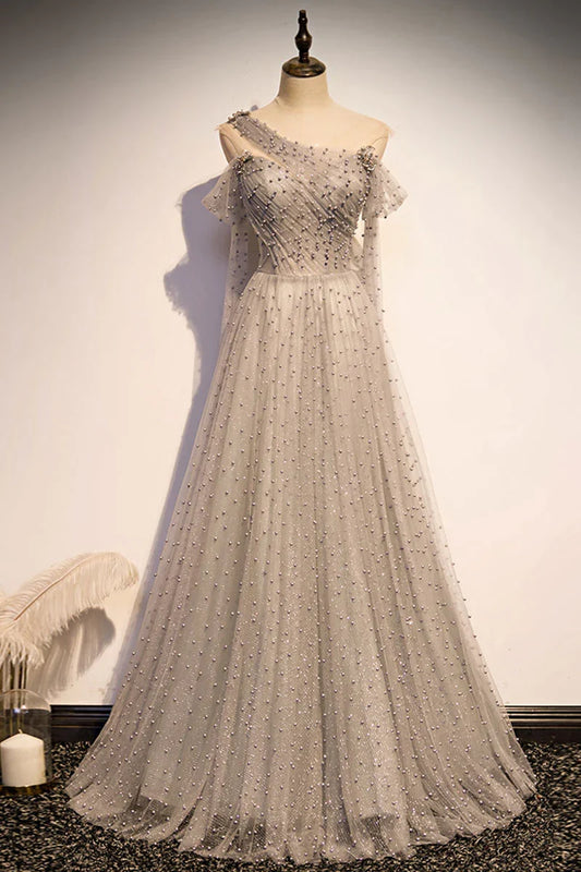 Gray tulle one shoulder long Evening Dresses
