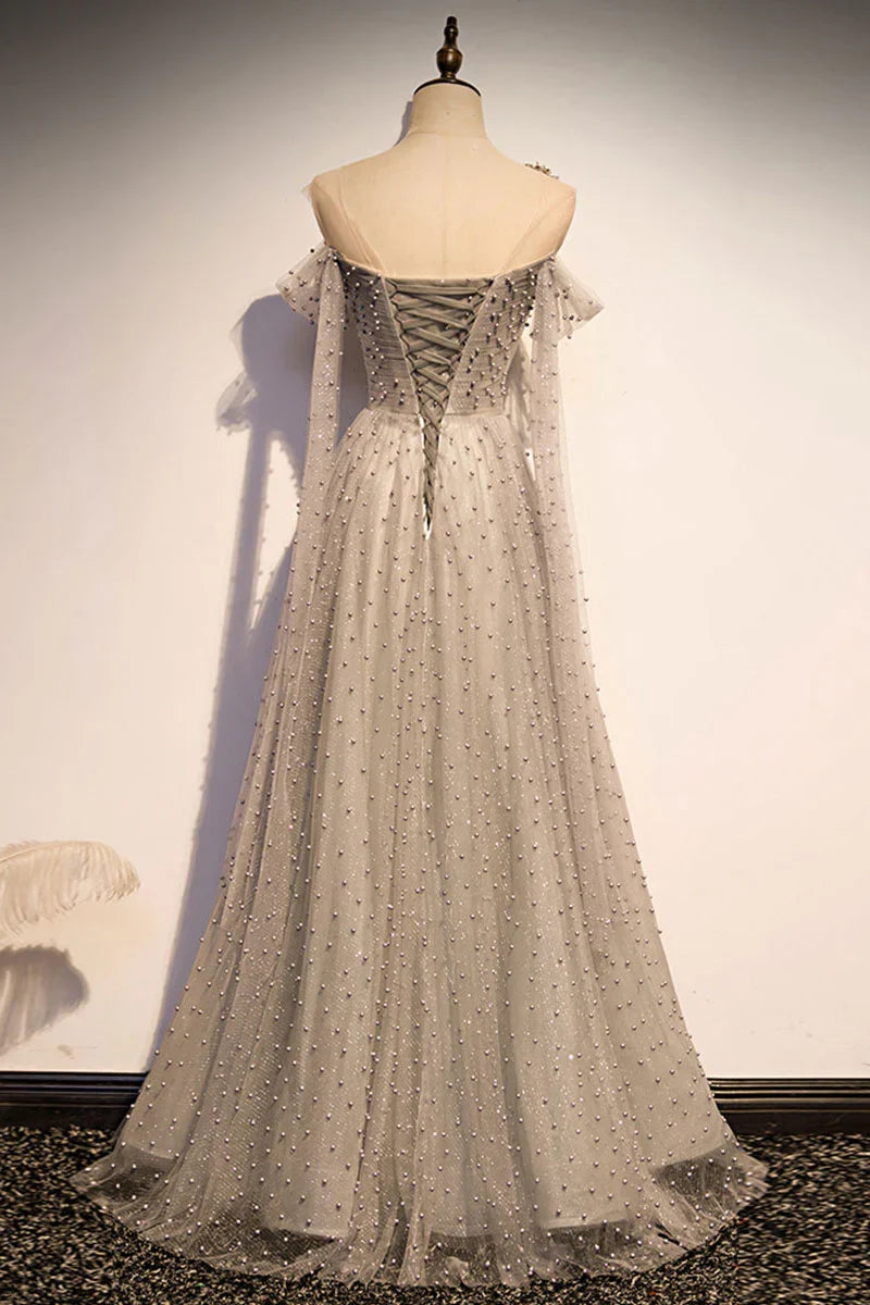 Gray tulle one shoulder long Evening Dresses