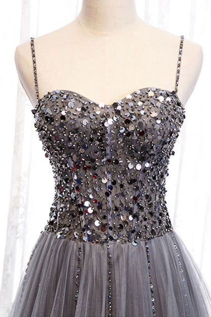 Gray tulle sweetheart neck sequin long Evening Dresses