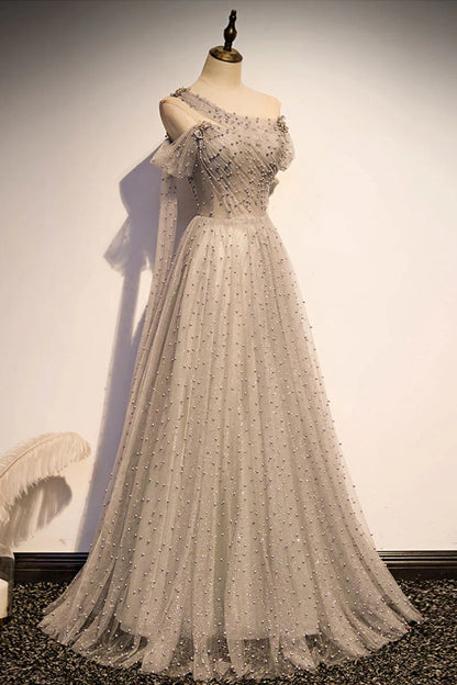 Gray tulle one shoulder long Evening Dresses