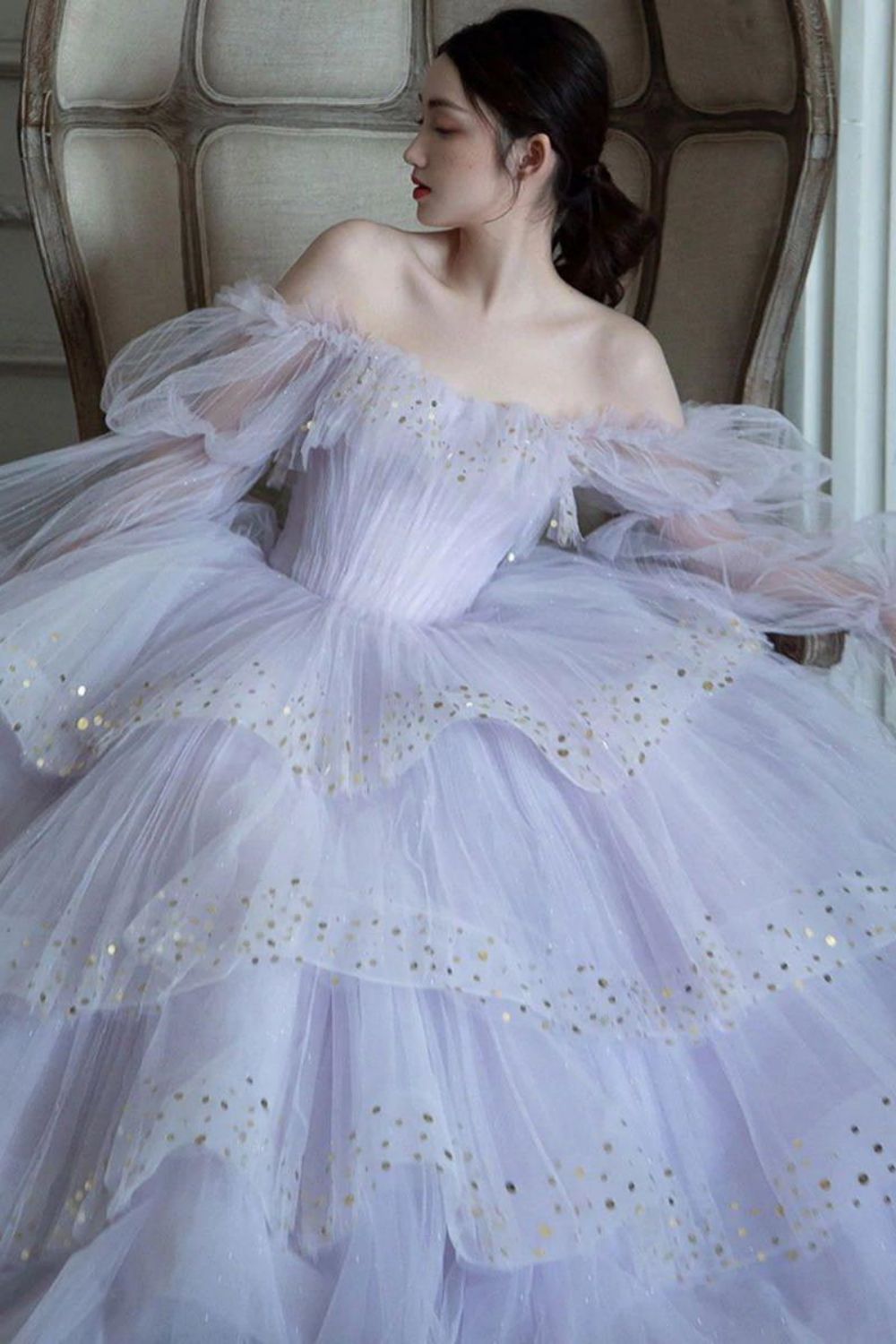 Elegant A Line Off the Shoulder Light Purple Long Prom Dress with Sequins
