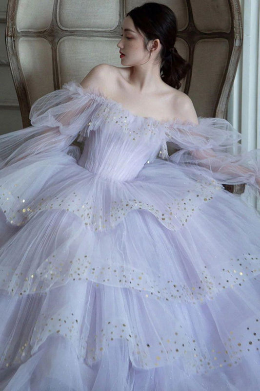 Elegant A Line Off the Shoulder Light Purple Long Prom Dress with Sequins