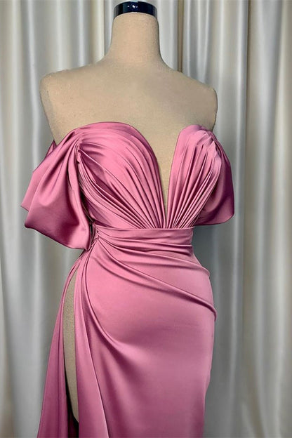 Dusty Pink Off-the-shoulder V neck Slit Mermaid Prom Dress