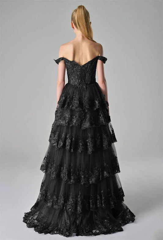 A-Line Off the Shoulder Elegant Prom Dress Floor-Length Appliques Sleeveless Formal Tulle Evening Dresses for Ladies