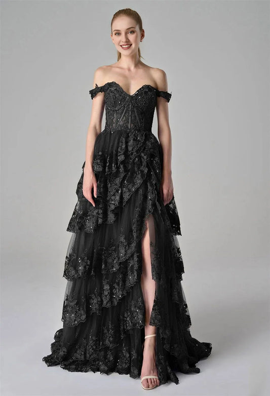 A-Line Off the Shoulder Elegant Prom Dress Floor-Length Appliques Sleeveless Formal Tulle Evening Dresses for Ladies