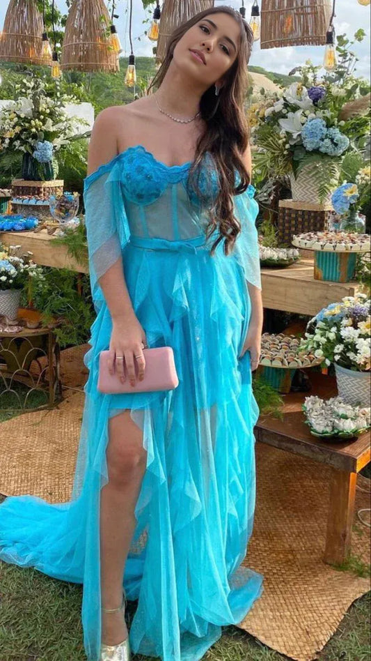 Dress Prom Dress Stores Off Shoulder A-Line Blue Long Prom Dress Charming Evening Dress Formal Dresses