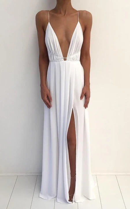 A-Line Chiffon V-neck Sleeveless Open Back Straps Prom Dress Party Dress