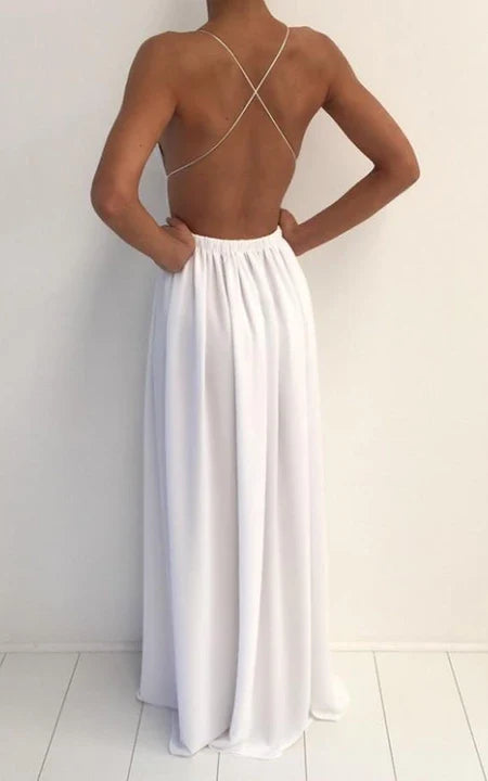 A-Line Chiffon V-neck Sleeveless Open Back Straps Prom Dress Party Dress