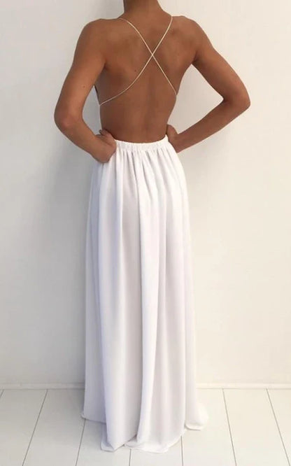 A-Line Chiffon V-neck Sleeveless Open Back Straps Prom Dress Party Dress