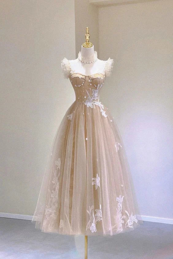 Dresses Formal Champagne Lace Tea Length Prom Dresses A-Line Evening Dresses Stores With Prom Dresses