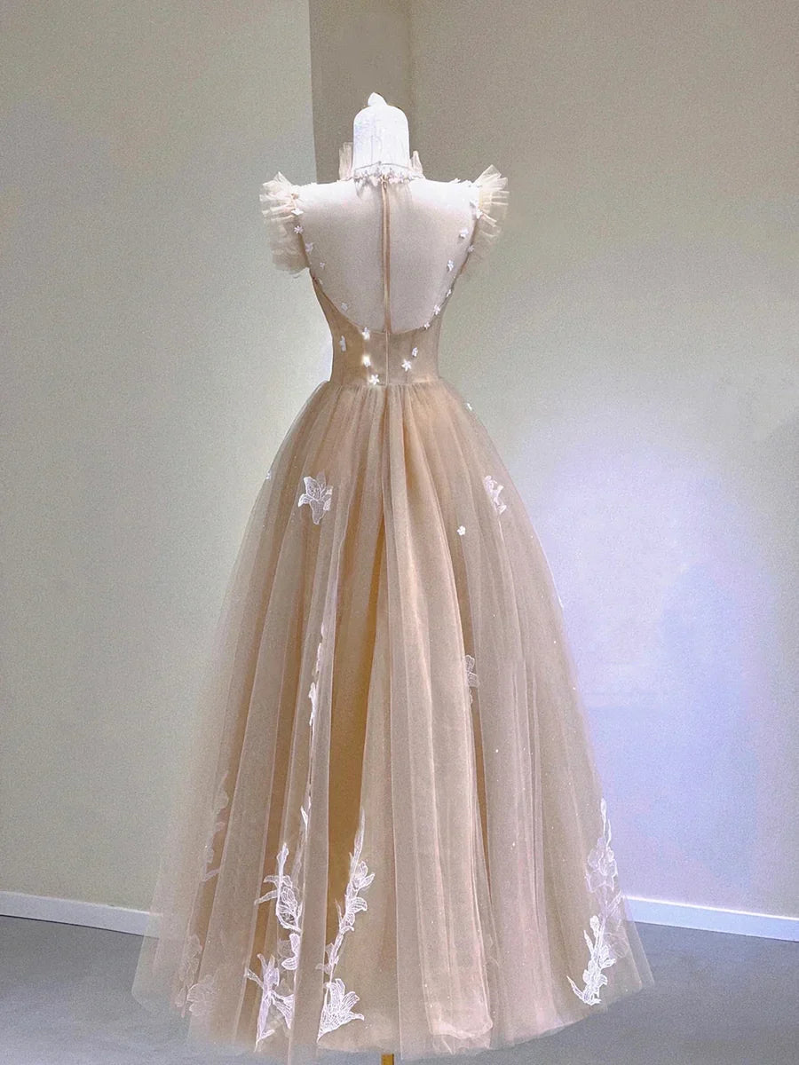 Dresses Formal Champagne Lace Tea Length Prom Dresses A-Line Evening Dresses Stores With Prom Dresses