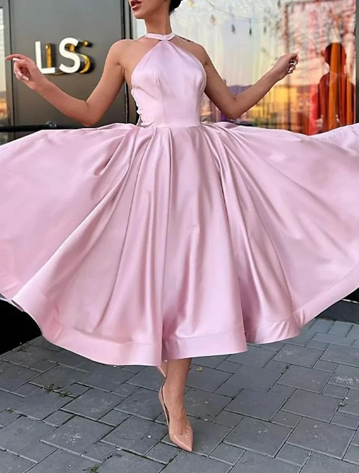 A-Line Evening Gown Homecoming Dress Sleeveless Wedding Guest Satin Dress with Butterfly