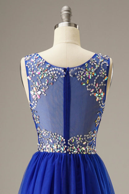 A-Line Floor Length Tulle Long Dress WIth Beading