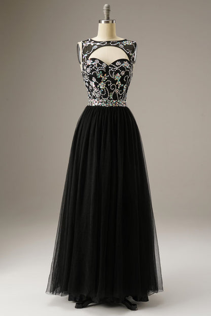 A-Line Floor Length Tulle Long Dress WIth Beading