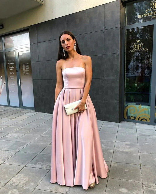 Formal Women's Dresses Simple Strapless Pink Satin Prom Dress Pleated A-Line Formal Evening Gowns Prom Dresses Stores