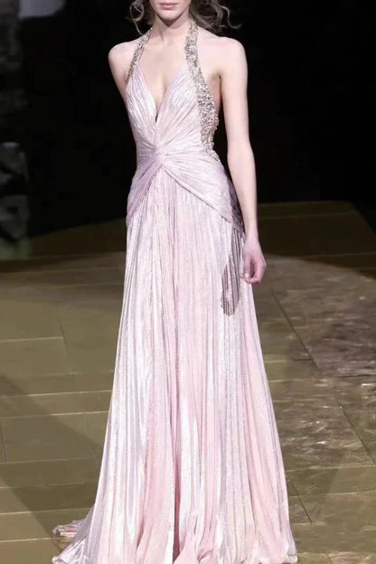 Formal Wear Dresses Pink Halter Beading A-Line Formal Party Dress Prom Dresses Shops Formal Women's Dresses