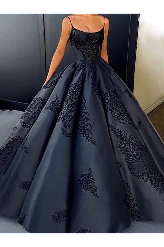 Formal Women's Dresses Black Open Back Appliques A-Line Long Prom Dress Evening Gown Prom Clothing