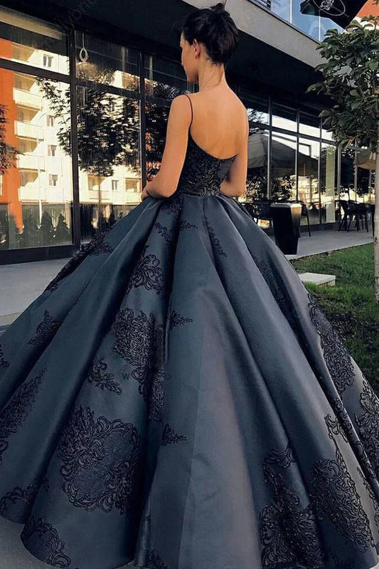 Formal Women's Dresses Black Open Back Appliques A-Line Long Prom Dress Evening Gown Prom Clothing