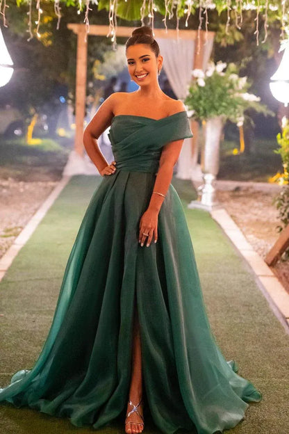 Formal Women's Dresses Green One Shoulder A-Line Long Prom Dress with Slit Prom Dress Stores