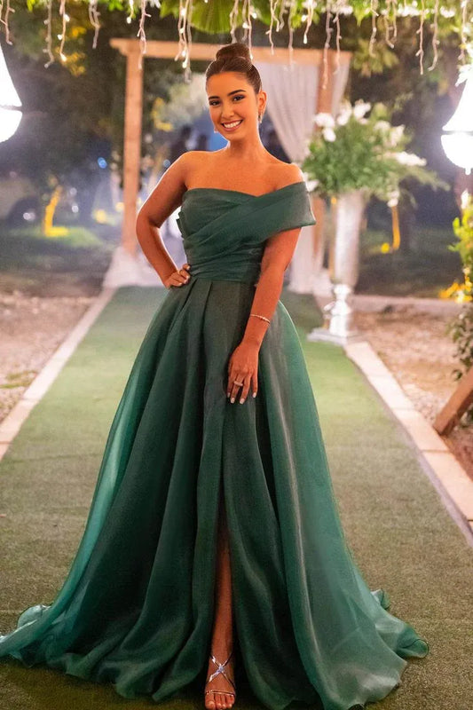 Formal Women's Dresses Green One Shoulder A-Line Long Prom Dress with Slit Prom Dress Stores
