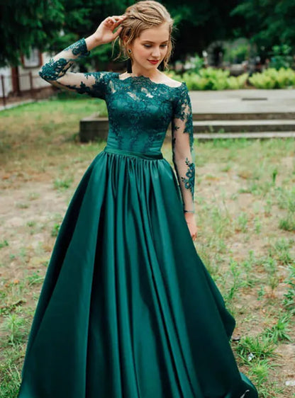 A-Line Long Sleeve Evening Dresses Floor Length Satin Off the Shoulder Appliques