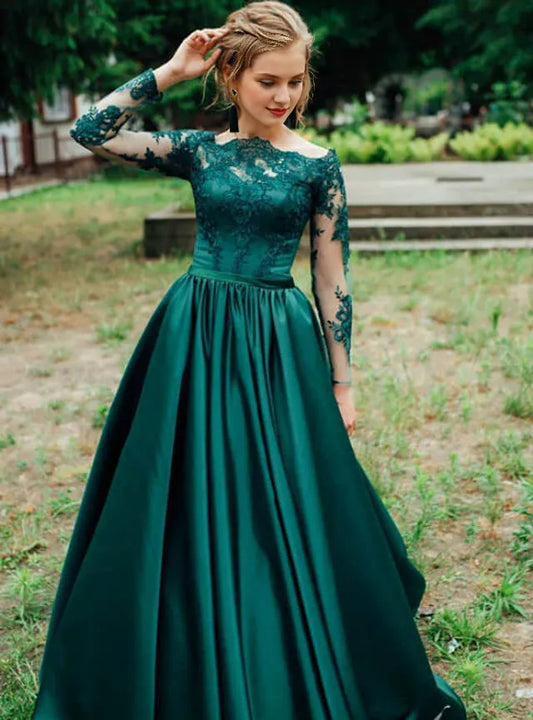 A-Line Long Sleeve Evening Dresses Floor Length Satin Off the Shoulder Appliques