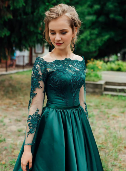 A-Line Long Sleeve Evening Dresses Floor Length Satin Off the Shoulder Appliques