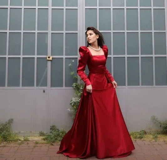 Formal Women's Dresses Charming Red Square Neck A-Line Long Wedding Dress Long Prom Dress Prom Clothing