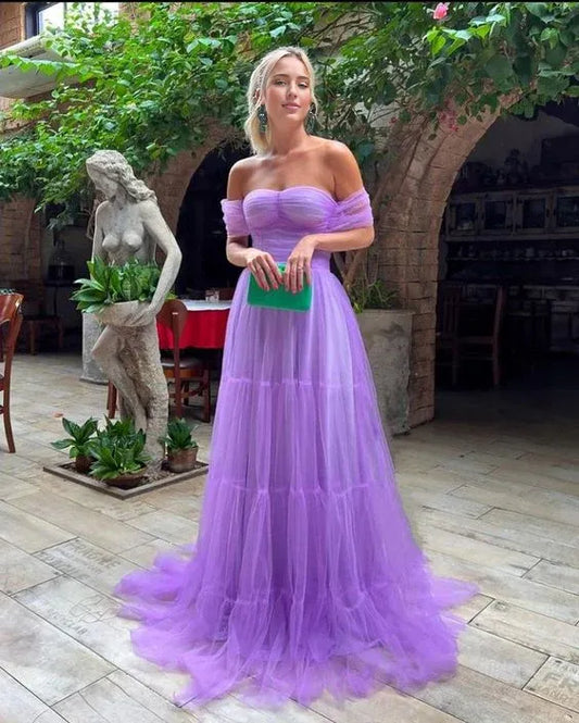 Formal Women's Dresses Elegant Purple Tulle A-Line Off Shoulder Long Prom Dress Prom Clothing