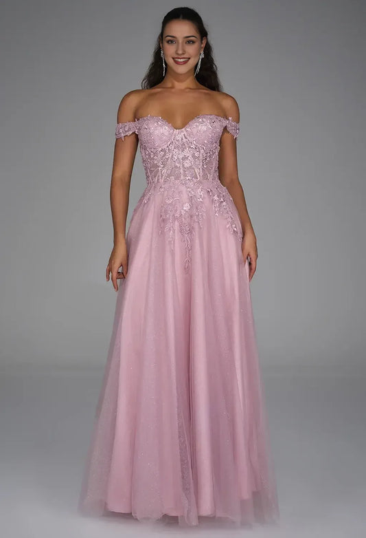 A-Line Off Shoulder Luxury Prom Dress Floor-Length Appliques Sleeveless Formal Tulle Evening Dresses for Ladies