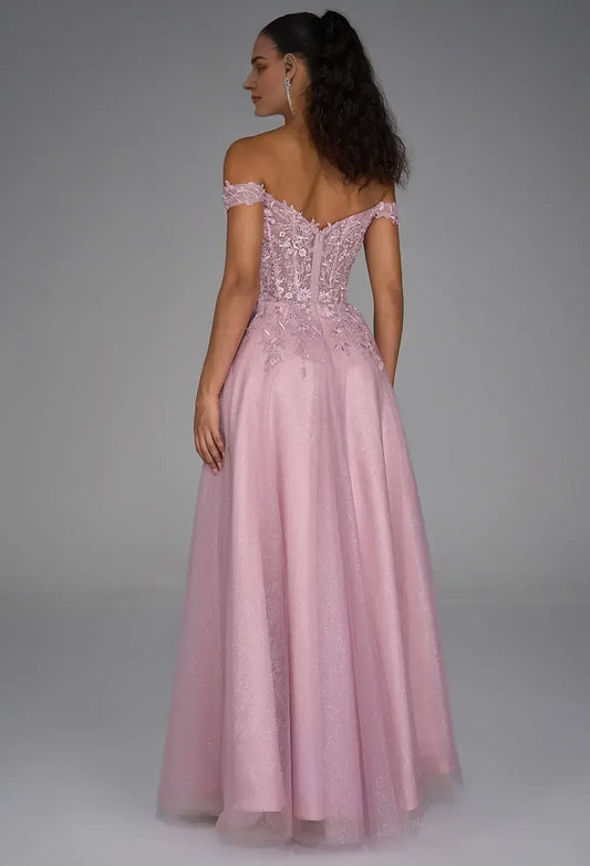 A-Line Off Shoulder Luxury Prom Dress Floor-Length Appliques Sleeveless Formal Tulle Evening Dresses for Ladies
