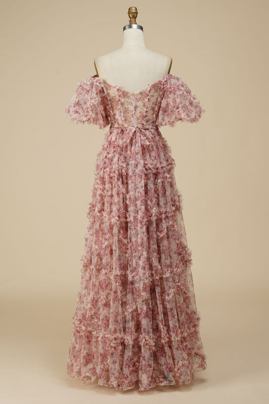 A-Line Floor Length Off The Shoulder Print Prom Dress