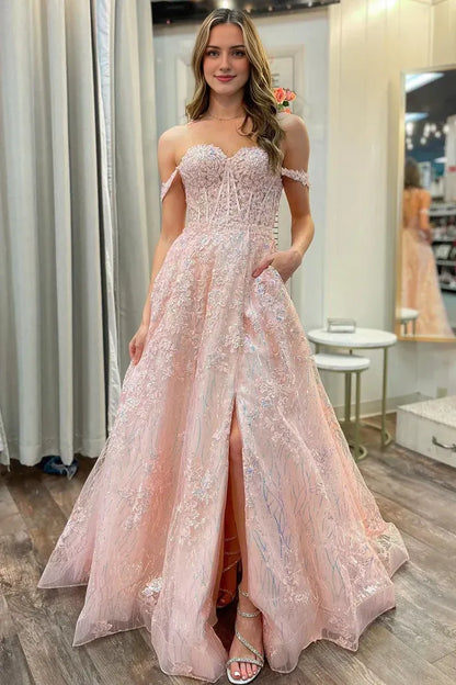 A-Line Pink Appliques Off-the-Shoulder Long Prom Dresses With Slit