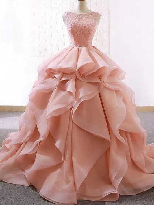 Formal Women's Dresses Pink Puffy Tulle Long Ruffle Prom Dress A-Line Sleeveless Party Ball Gown Prom Dresses Stores