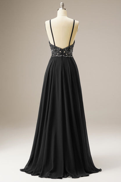 A-Line Spaghetti Straps Chiffon Long Dress WIth Beading