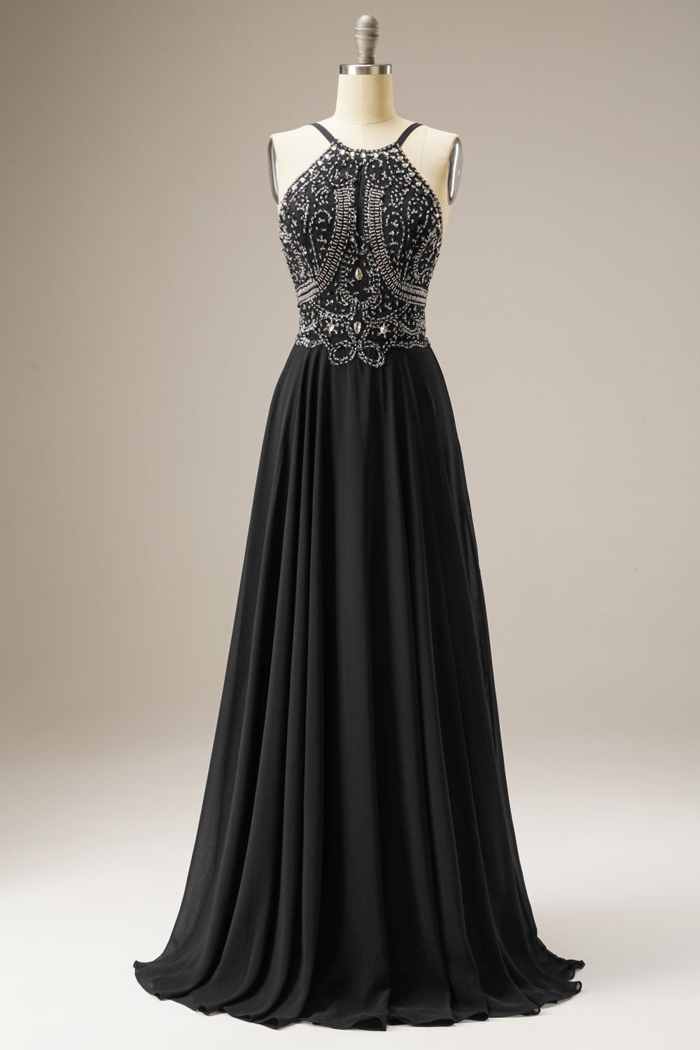 A-Line Spaghetti Straps Chiffon Long Dress WIth Beading