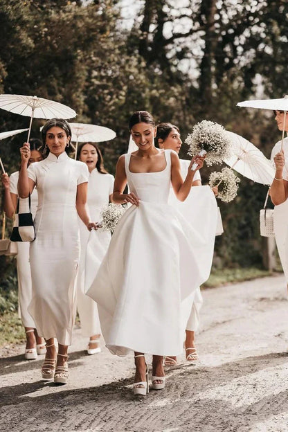 A-Line Square Neck Floor Length Simple Long White Satin Wedding Dresses ﻿