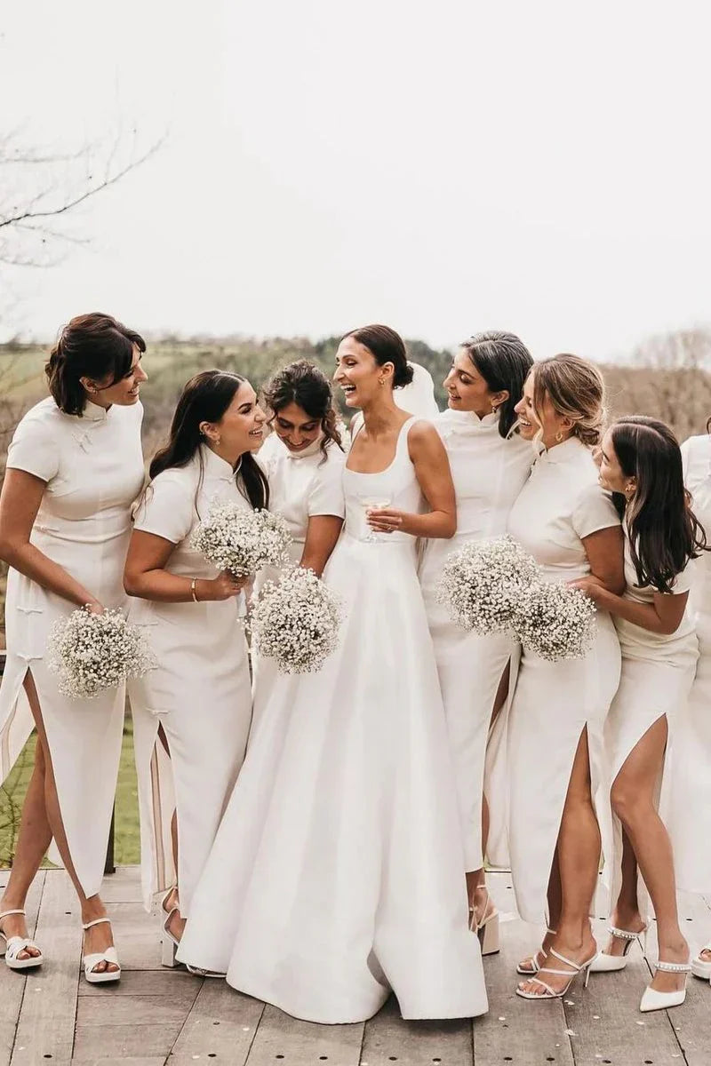 A-Line Square Neck Floor Length Simple Long White Satin Wedding Dresses ﻿