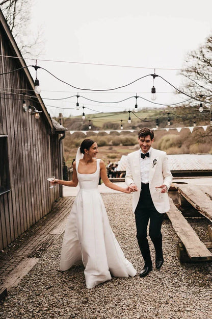 A-Line Square Neck Floor Length Simple Long White Satin Wedding Dresses ﻿