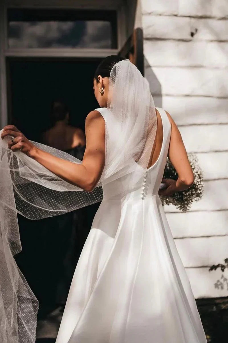 A-Line Square Neck Floor Length Simple Long White Satin Wedding Dresses ﻿